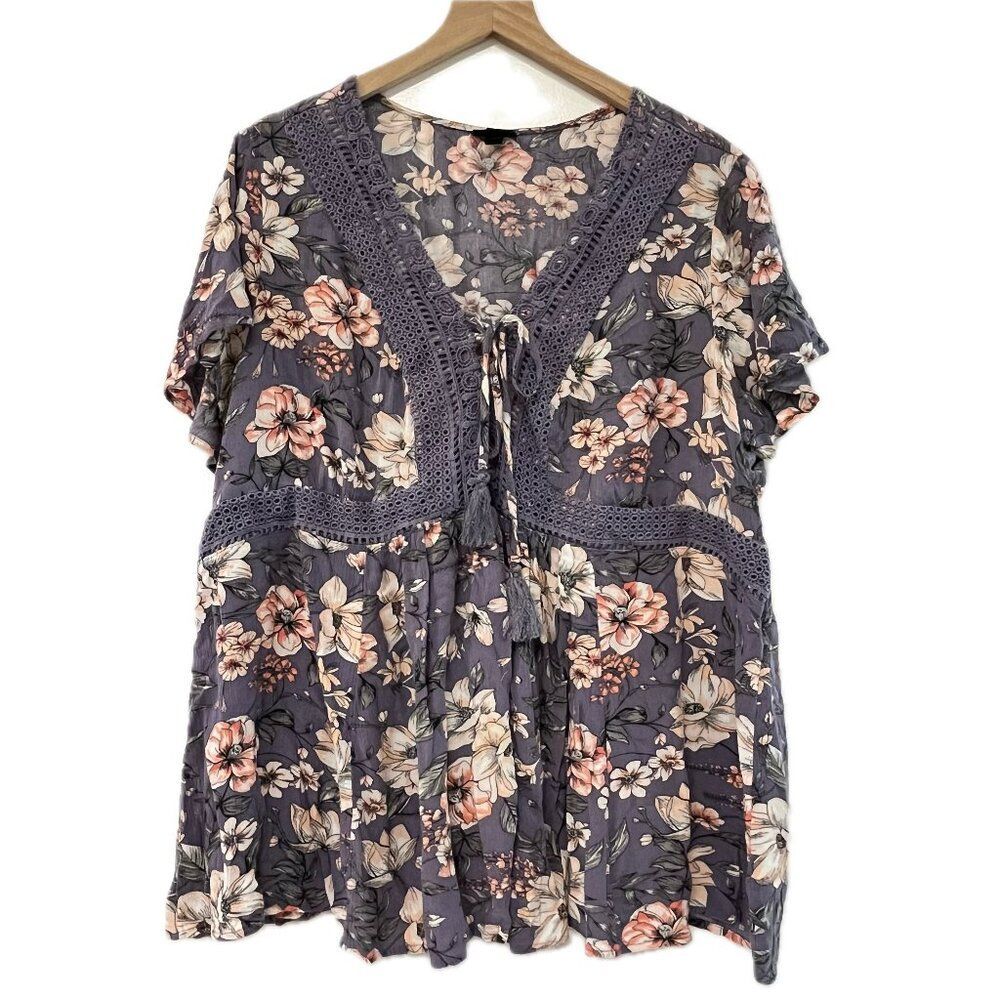 Torrid Purple Floral Short Sleeve Blouse - Size 3X